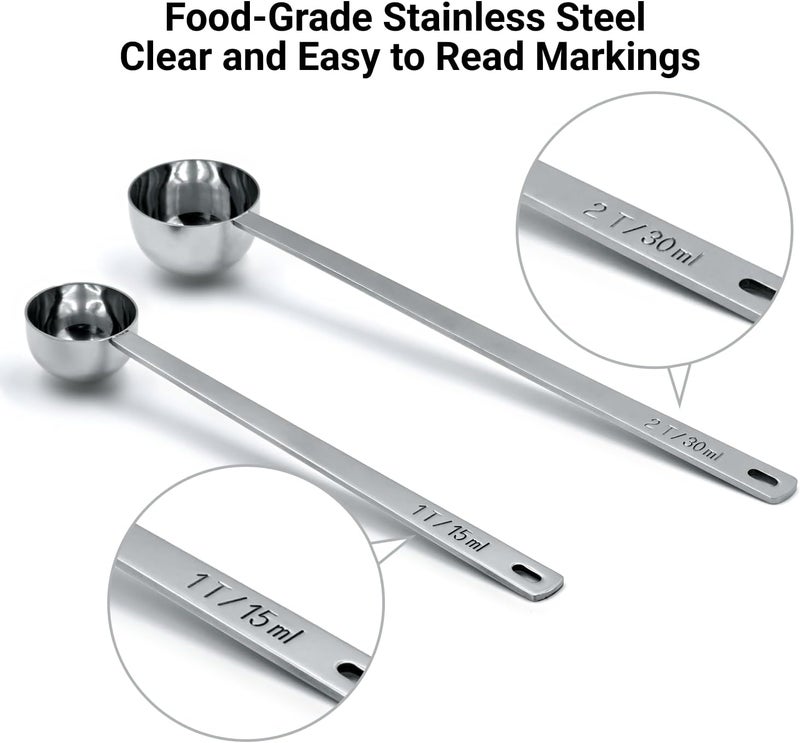LimeFlex 2PCS Coffee Scoop Set,1 Tbsp (15ml) & 2 Tbsp (30ml) Coffee Measuring Spoons,for measuring ground coffee, protein powder, tea,Silver long-handled measuring spoon,for deep jars,coffee bags. - Image 4